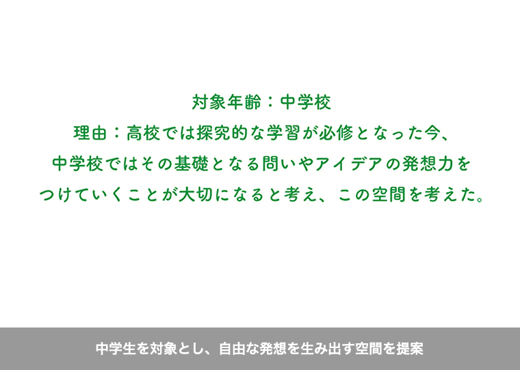 中学生を対象とし、自由な発想を生み出す空間を提案
